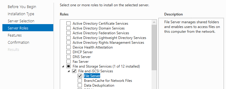 Screenshot of the Server Roles page of the Add Roles and Features dialog box showing the File Server option selected and highlighted.