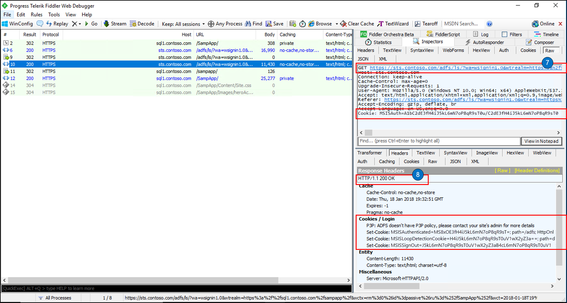 Снимок экрана с трассировкой Fiddler, показывающей запрос HTTP GET и ответ на этот запрос.
