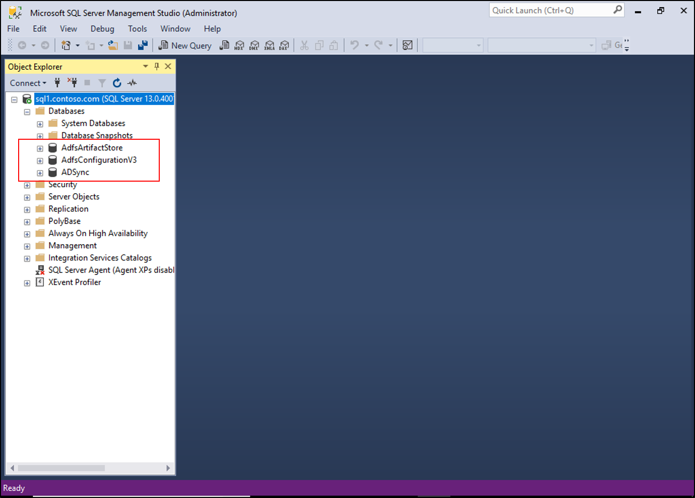 снимок экрана, на котором показаны базы данных AD FS.