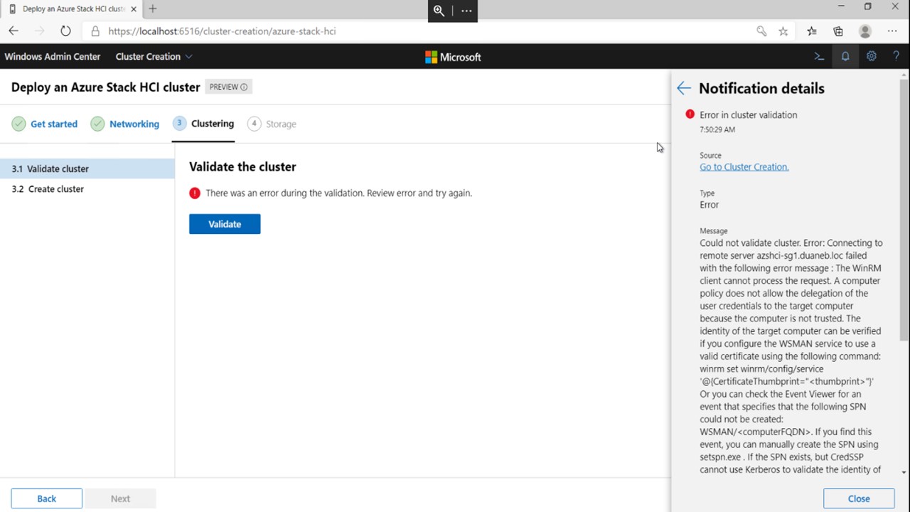 Снимок экрана сообщения об ошибке Cred S S P при развертывании кластера в Windows Admin Center, которое может отображаться, когда пользователь пытается проверить кластер.