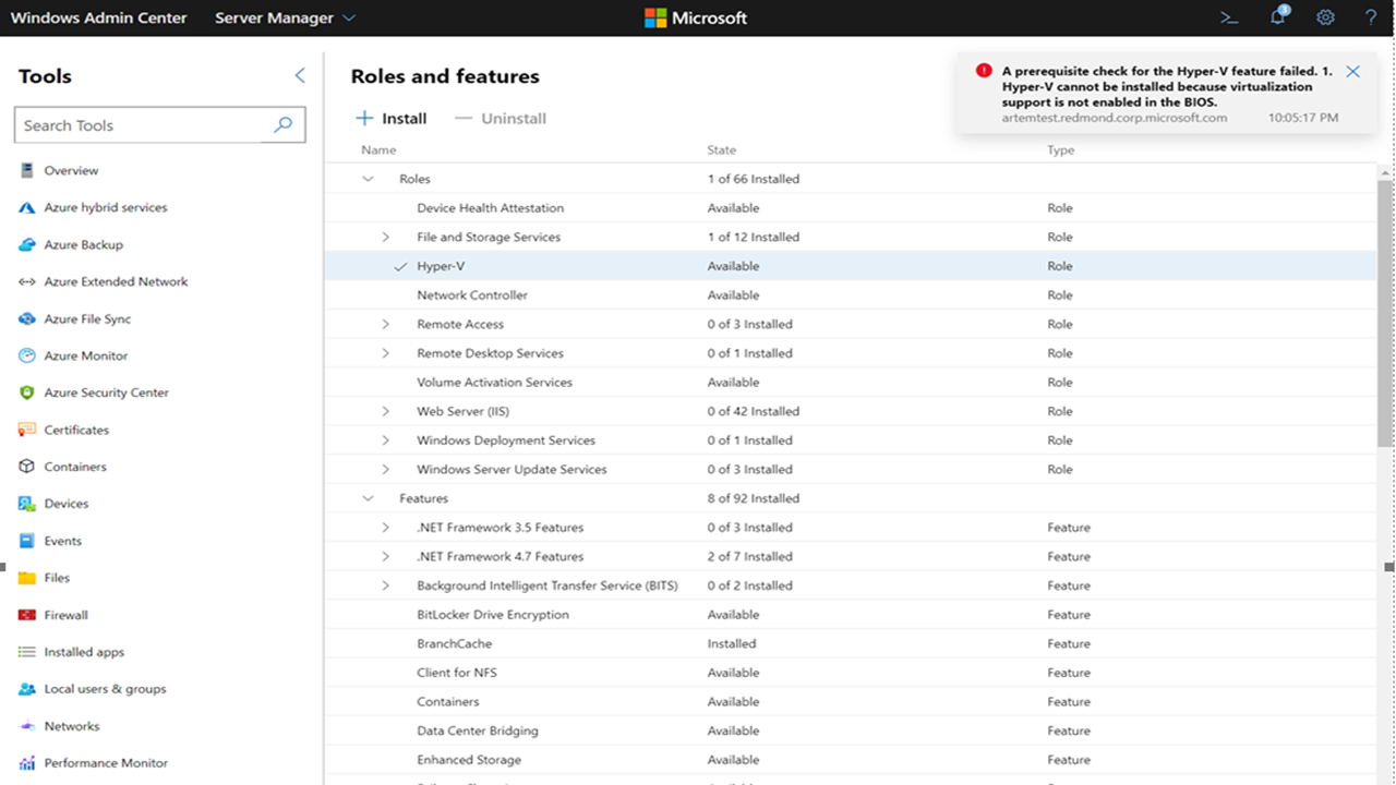 Снимок экрана страницы ролей и компонентов в Windows Admin Center Server Manager, показывающей сообщение об ошибке при включении Hyper-V.
