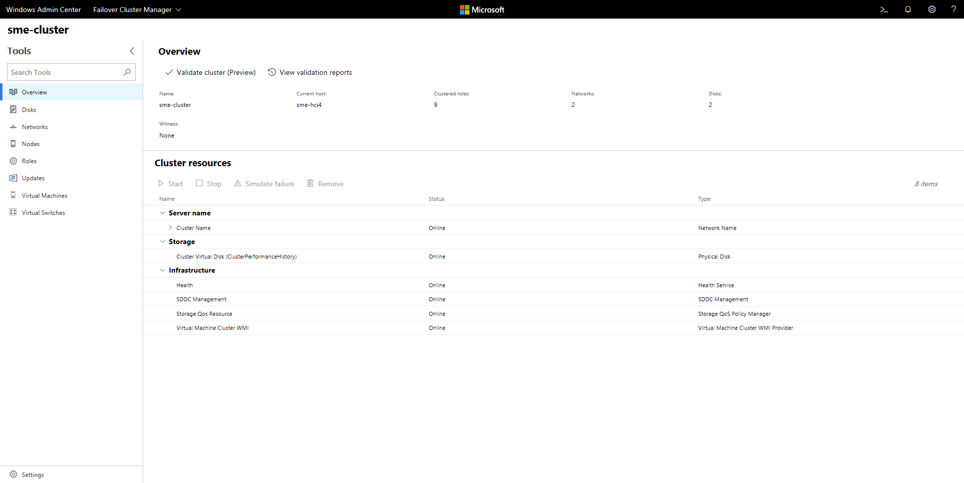 снимок экрана со списком ресурсов кластера в Windows Admin Center.