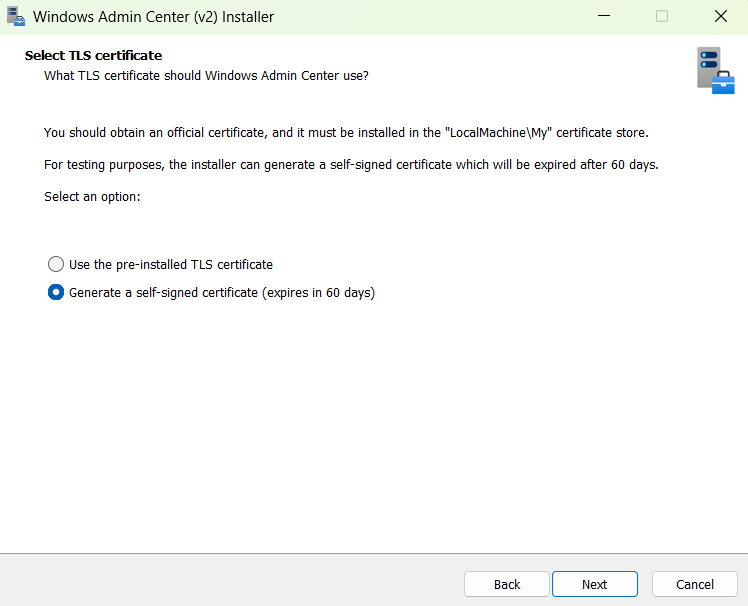 Снимок экрана установщика Windows Admin Center версии 2 с параметром выбора предварительно установленного сертификата TLS или создания самозаверяющего сертификата.