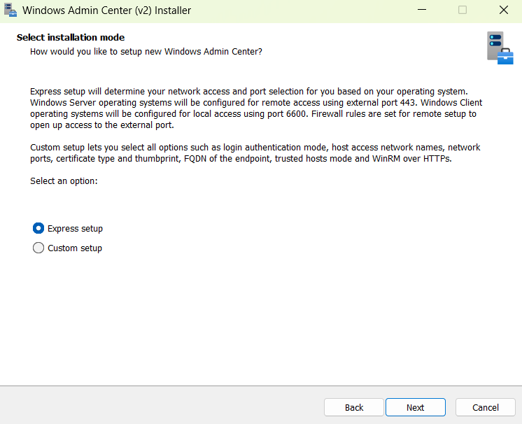 Снимок экрана: установщик Windows Admin Center версии 2 с двумя режимами установки для экспресс-или пользовательской установки.