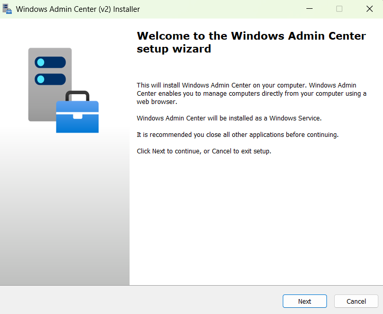 Снимок экрана: экран приветствия мастера установки установщика Windows Admin Center версии 2.