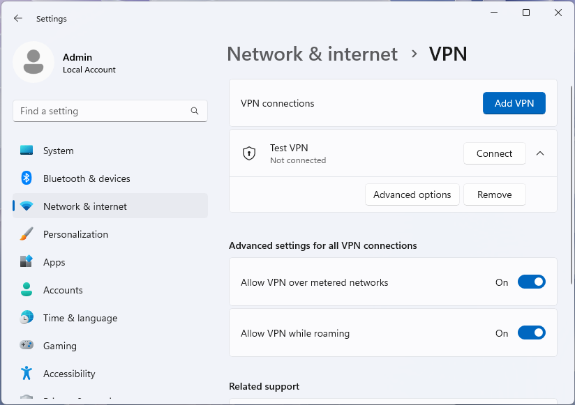 Снимок экрана страницы VPN с выбранным профилем в приложении Параметры Windows 11.