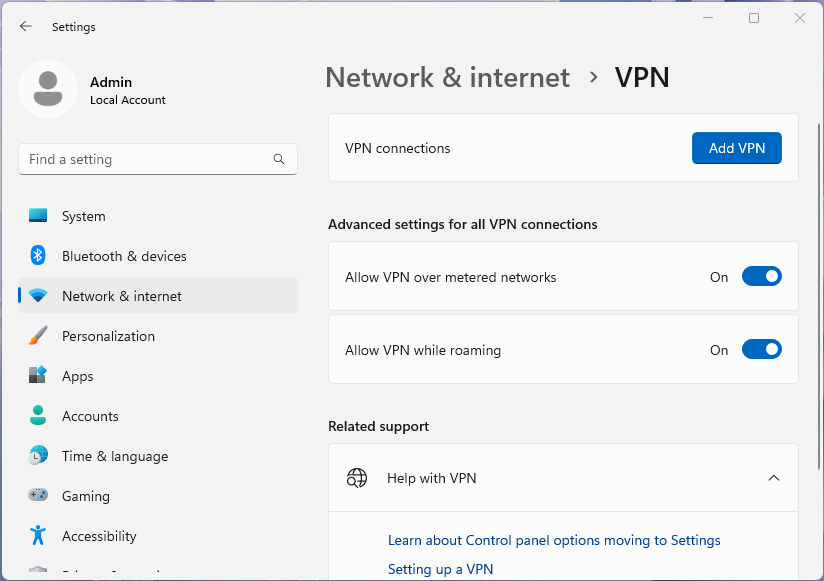 Снимок экрана: страница VPN приложения параметров Windows 11.