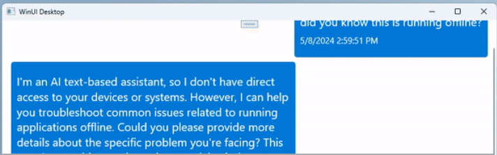 Снимок экрана: пример чата GenAI с помощью Phi3 в приложении WinUI 3.