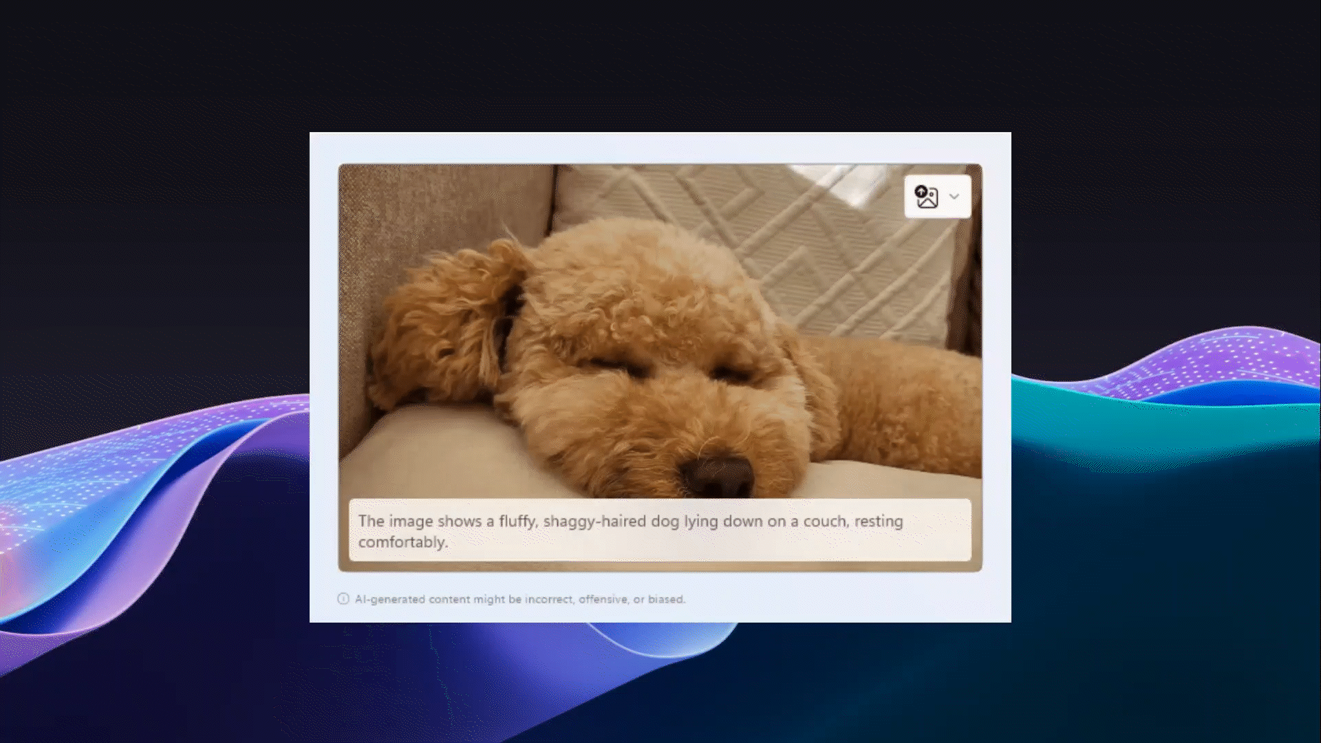 Анимационный GIF, показывающий спящую собаку, и отображающий описание изображения с помощью естественного языка: пушистая, лохматая собака лежит на диване, комфортно отдыхая, используя функцию описания изображения.