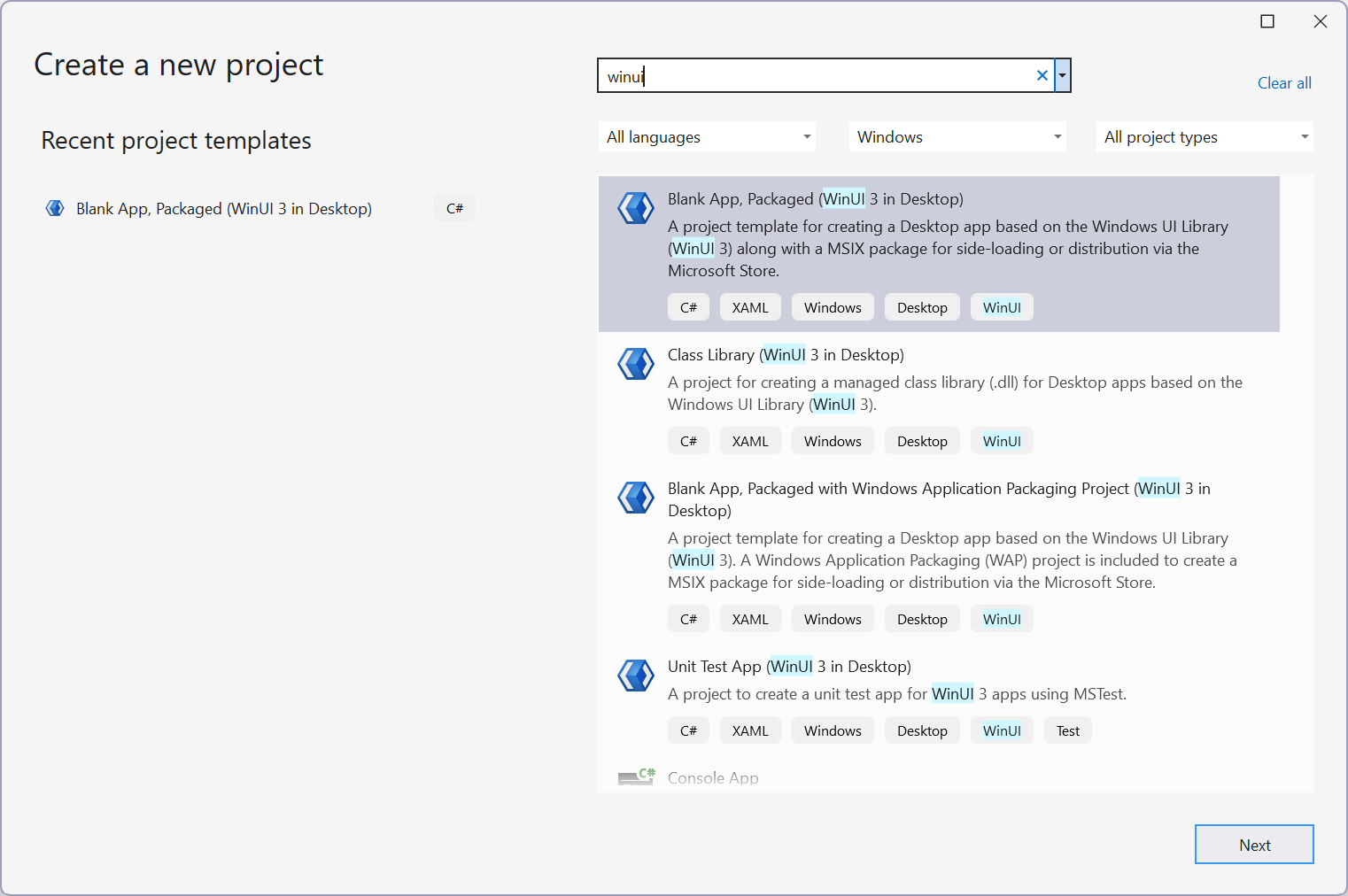 Снимок экрана: новый пользовательский интерфейс проекта Visual Studio с выбранным шаблоном WinUI.