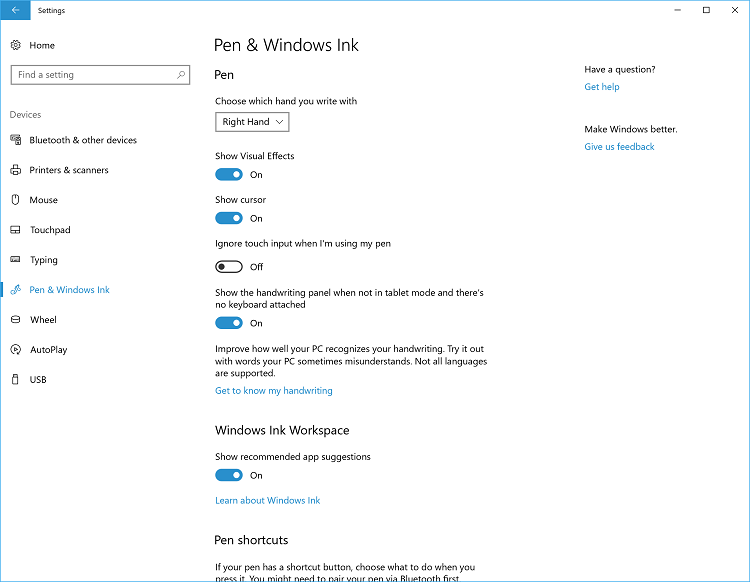 Скриншот страницы настроек пера и Windows Ink.