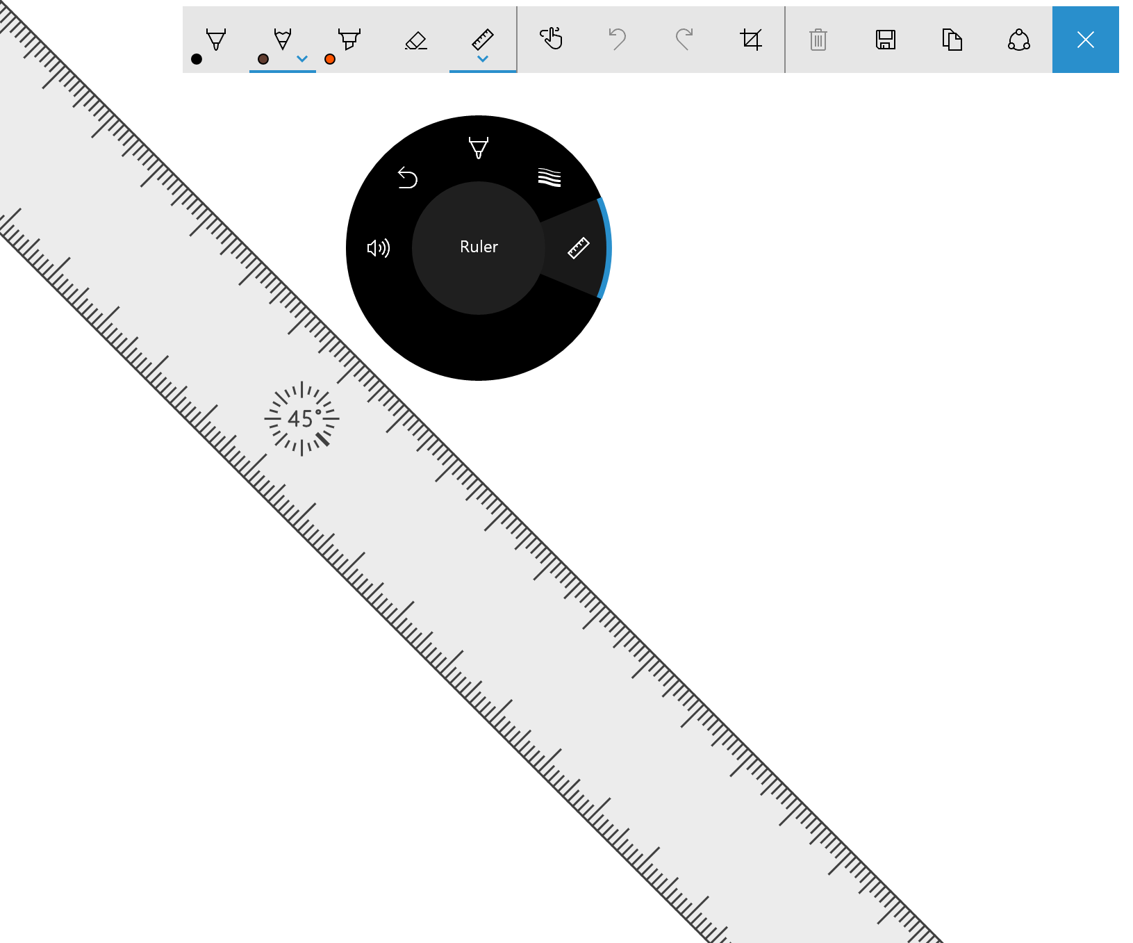 меню Surface Dial c инструментом линейки для панели инструментов Windows Ink