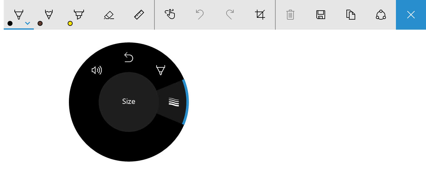 меню Surface Dial с инструментом для изменения размера штриха для панели инструментов Windows Ink