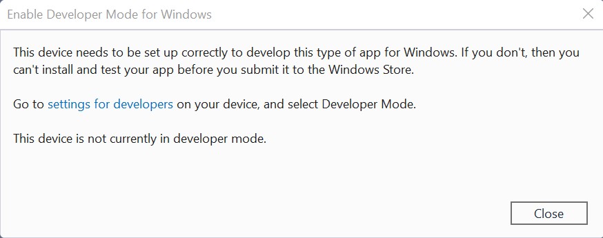 Developer Mode в Visual Studio, включающее режим разработчика, с ссылкой на параметры для разработчиков.
