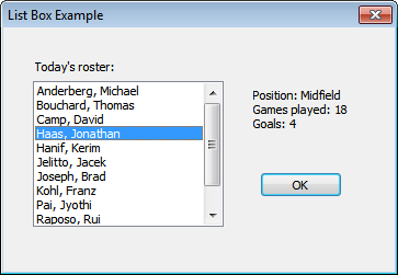 screen shot of a dialog box containing a labeled list box, text about the selected list box item, and an ok button