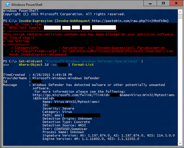 Защитник Windows обнаруживает тестовый образец AMSI