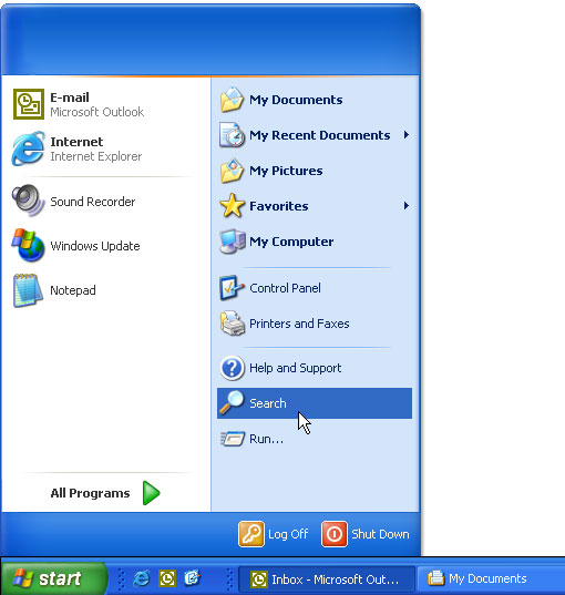 the start menu's search submenu