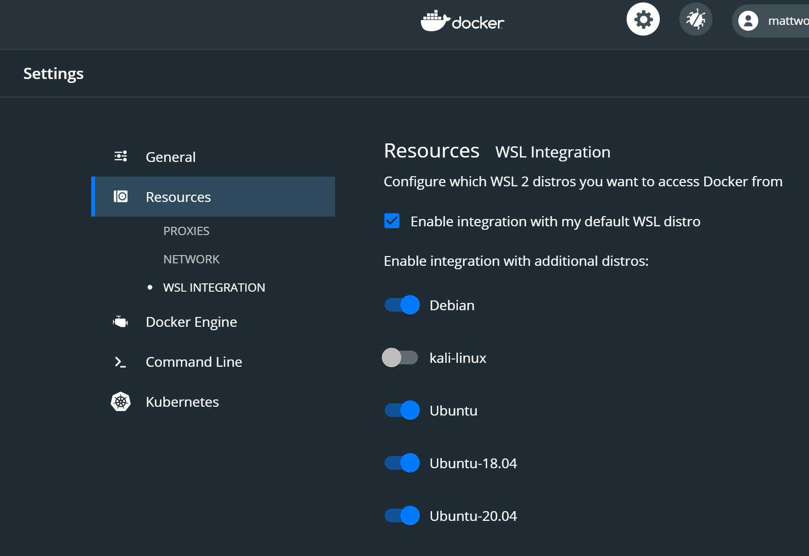меню меню Docker Desktop WSL2