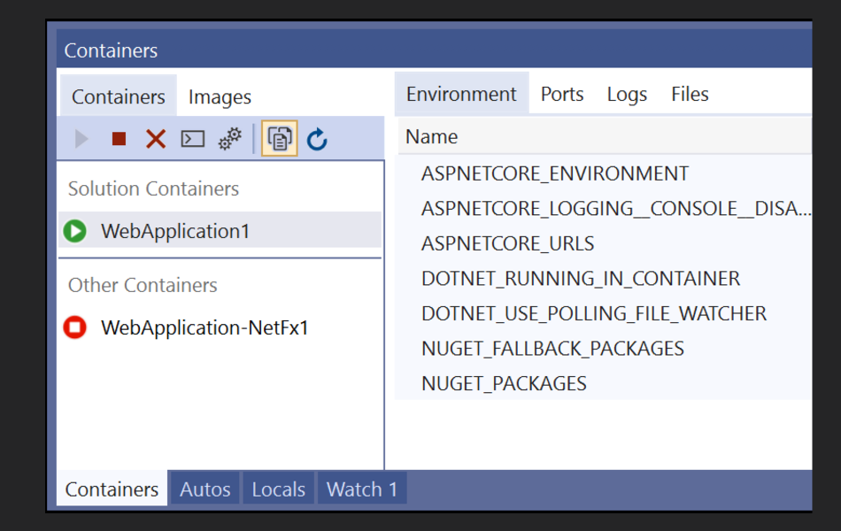 Visual Studio меню Docker