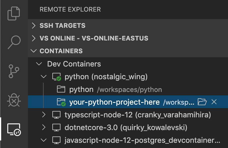Снимок экрана: меню контейнеров VSCode