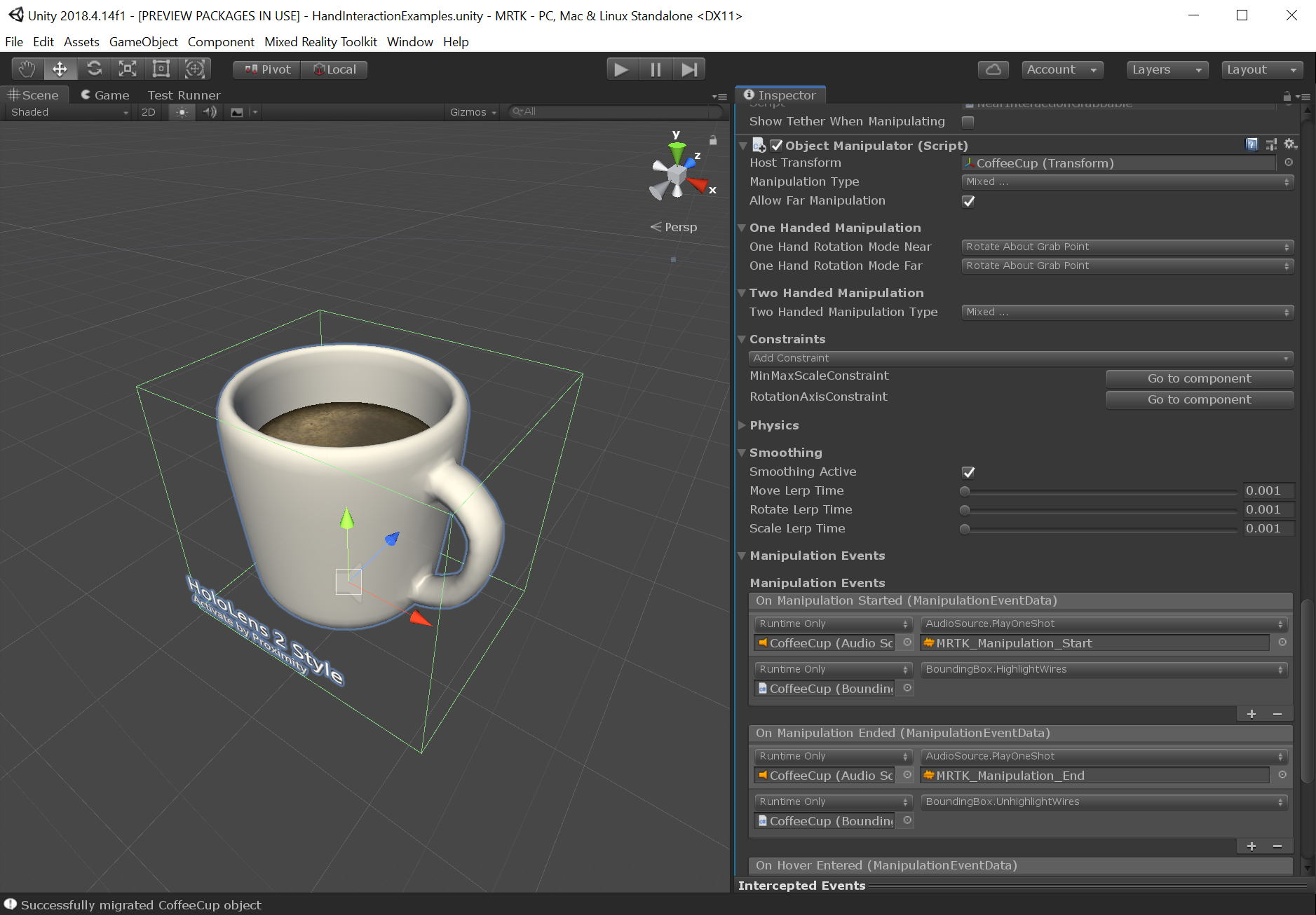 Использование обработчика манипуляций в редакторе Unity