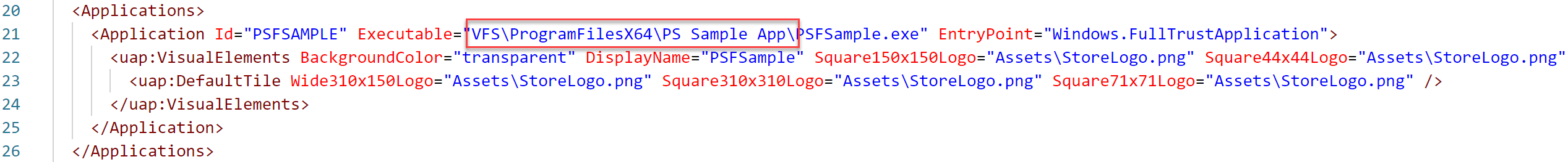 Изображение, выделяющее расположение рабочего каталога в файле AppxManifest.