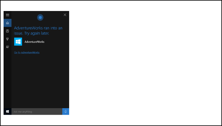 Снимок экрана: холст Кортаны для завершения фонового потока приложения Кортаны с помощью ошибки отмены поездки AdventureWorks