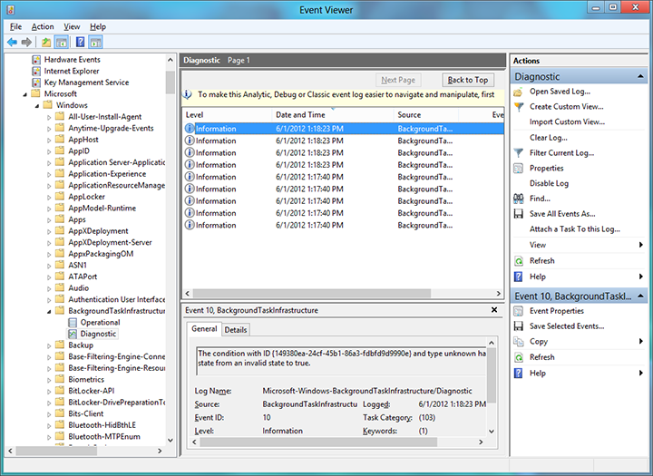 Средство просмотра событий для сведений об отладке фоновых задач