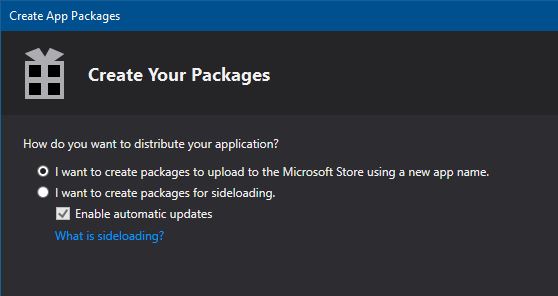 Create Your Packages dialog window shown with Microsoft Store