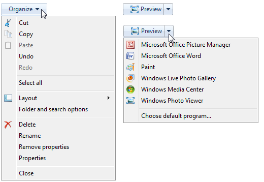 Снимок экрана с разделенными кнопками с треугольниками вниз 