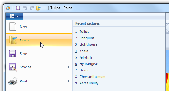 Снимок экрана: открытие меню с недавно использованными файлами 