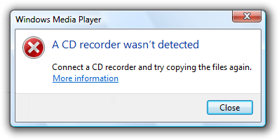 Снимок экрана сообщения: cd recorder не обнаружен 
