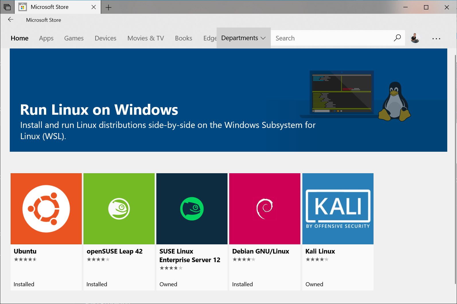 представление дистрибутивов Linux в Microsoft Store